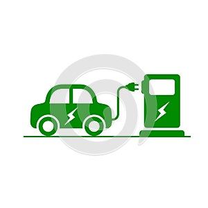 Electric Car and Electrical Charging Station icon green symbol, Vector illustration