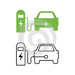 Electric car and electrical charging station icon. Hybrid Vehicle symbol. Eco friendly auto or electric vehicle concept.