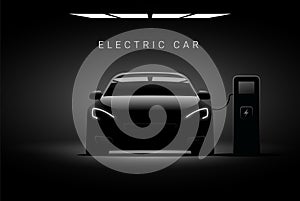 Electric car ev charge station vector concept. Electric vehicle charger energy background neon battery illustration