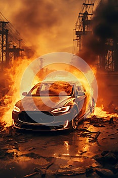 Electric car EV who\'s vehicle lithium battery is on fire causing a thermal runaway