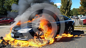 Electric car EV who\'s vehicle lithium battery is on fire causing a thermal runaway