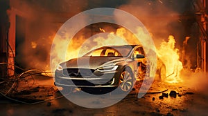 Electric car EV who\'s vehicle lithium battery is on fire causing a thermal runaway