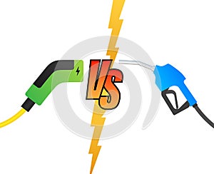 Electric car and fuel fight. Gas fuel vs ev plug charg. Vector stock illustration.