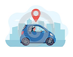 An electric car with a geotagged location on the background of the city. Vector illustration in a flat style