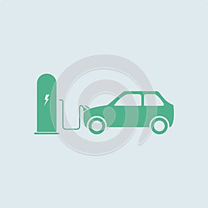 Electric car green is charging near the charging station. electric vehicle charging station, charging car, simple icon eco, vector