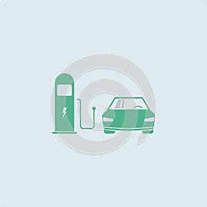 Electric car green is charging near the charging station. electric vehicle charging station, charging car, simple icon eco, vector