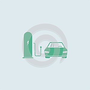 Electric car green is charging near the charging station. electric vehicle charging station, charging car, simple icon eco, vector