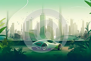 Electric car with green earth city background - Generative Ai