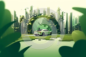 Electric car with green earth city background - Generative Ai