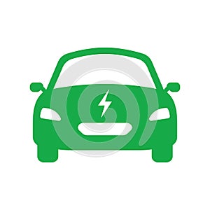 Electric Car Green Silhouette Icon. Eco Electro EV with Bolt Green Symbol. Electric Car with Lightning Sign. Ecology