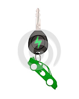 Electric car key sports car green leaves keyring. 3D illustration