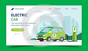 Electric car landing page - concept illustration for environment, ecology, sustainability, clean air, future. Vector