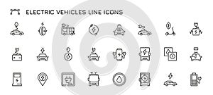 Electric car line icons. Electric vehicle charging and parking, hybrid electric car line and station, eco transportation