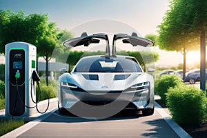 Electric car with open doors on the charging station, sustainable resources and lifestyle