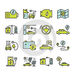 Electric car outine icons set