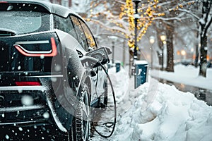An electric car is parked at a charging station at winter. Generative AI