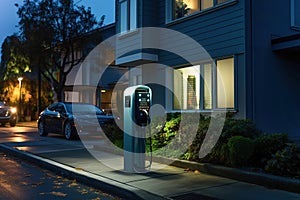 Electric car parked in front of a home building to charging station