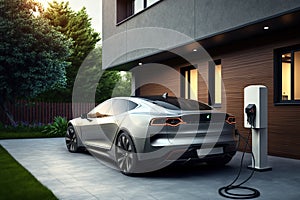 Electric car is parked near a house and plugged into charging station. AI Generative