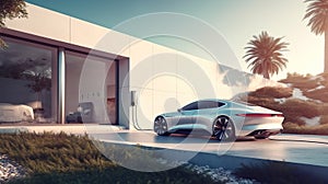 Electric car parking at home charging station, modern vehicle near house