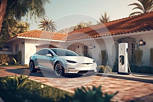 Electric car parking near home charging station, electric vehicle at house, generative AI