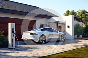 Electric car parking near home charging station, electric vehicle at house, generative AI