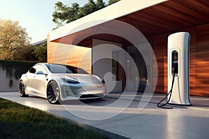 Electric car parking near home charging station, electric vehicle at house, generative AI