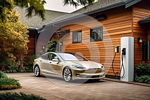 Electric car parking near home charging station, electric vehicle at house, generative AI