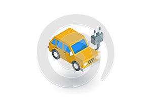 Electric car, plug cable, ecology isometric flat icon. 3d vector