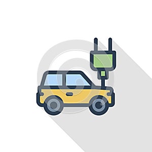 Electric car, plug cable, ecology thin line flat color icon. Linear vector symbol. Colorful long shadow design.