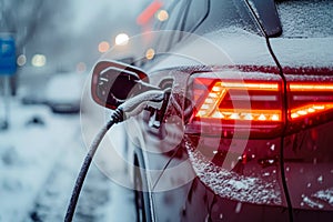 Electric car plug charging in the winter, rear view