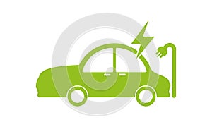 Electric car with plug green icon symbol, EV car hybrid vehicles charging point logotype, Eco friendly vehicle concept, Vector ill