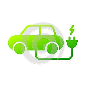 Electric car with plug green icon symbol, Hybrid vehicles charging point