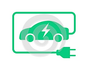 Electric car with plug green icon symbol, Hybrid vehicles charging point logotype, Eco friendly vehicle concept