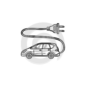 Electric car with plug hand drawn outline doodle icon.