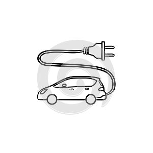 Electric car with plug hand drawn outline doodle icon.