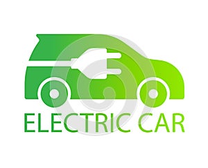 Electric car with plug icon symbol, Green hybrid vehicles charging point logotype, Eco friendly vehicle concept