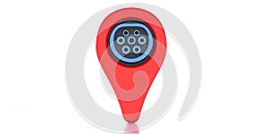 Electric car plug in a map pointer isolated against white background. Charging station location concept. 3d illustration