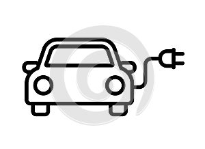 Electric car with plug pictogram outline icon symbol design, Hybrid vehicles charging point logotype, Eco friendly vehicle concept
