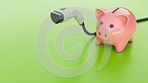 Electric car plug and piggy bank on a green background. Copy space for text. 3d render