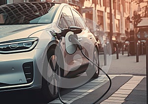 An electric car plugged into a charging station