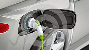 Electric car plugged to charging station. 3D illustration