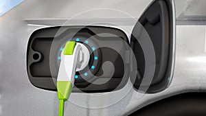 Electric car plugged to charging station. 3D illustration