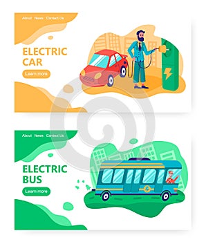 Electric car and public bus. Eco transport concept illustration. Charging station, ecology, hybrid vehicle. Vector web