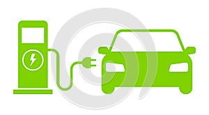 Electric car refueling icon symbol, Green hybrid vehicles charging point logotype, Eco friendly vehicle concept.