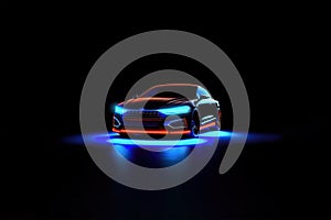 Electric car silhouette with lightning effect. Futuristic design EV car with neon headlights