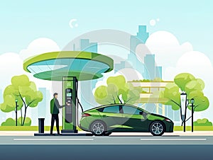 The electric car stands at the charging station on the street against the background of green trees in the city. Generated by AI