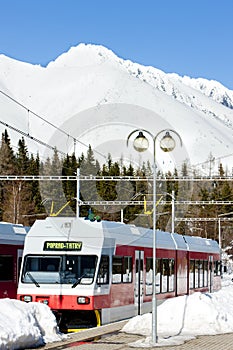 electric car at Strbske pleso station, Vysoke Tatry & x28;High Tatras