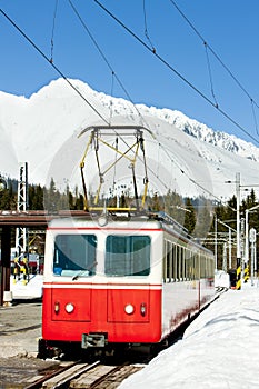 electric car at Strbske pleso station, Vysoke Tatry & x28;High Tatras