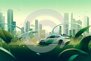 Electric car green earth city background - Generative Ai