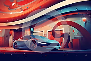 Electric car with red white blue america colors background - Generative Ai